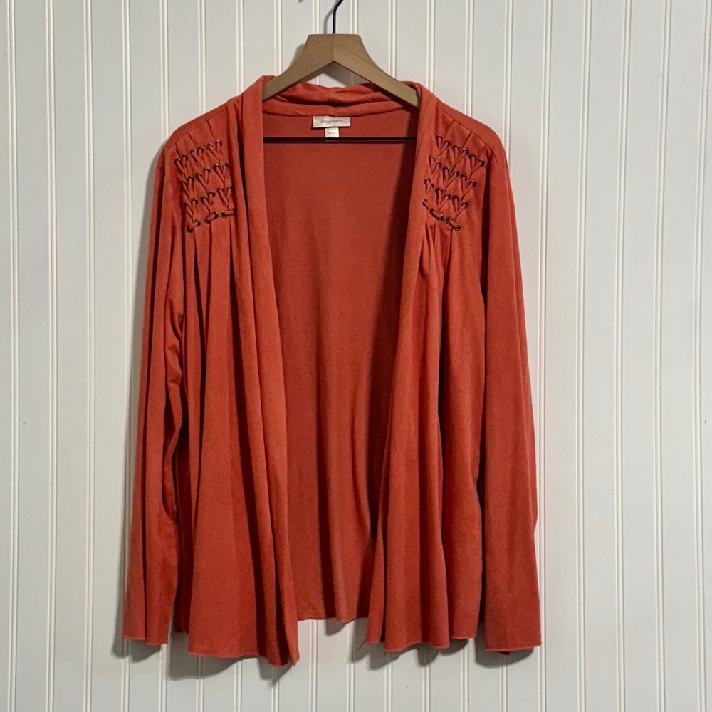 Dressbarn Plus 22/24 Faux Suede Cardigan Rust Orange Lace Up Shoulder Boho Chic